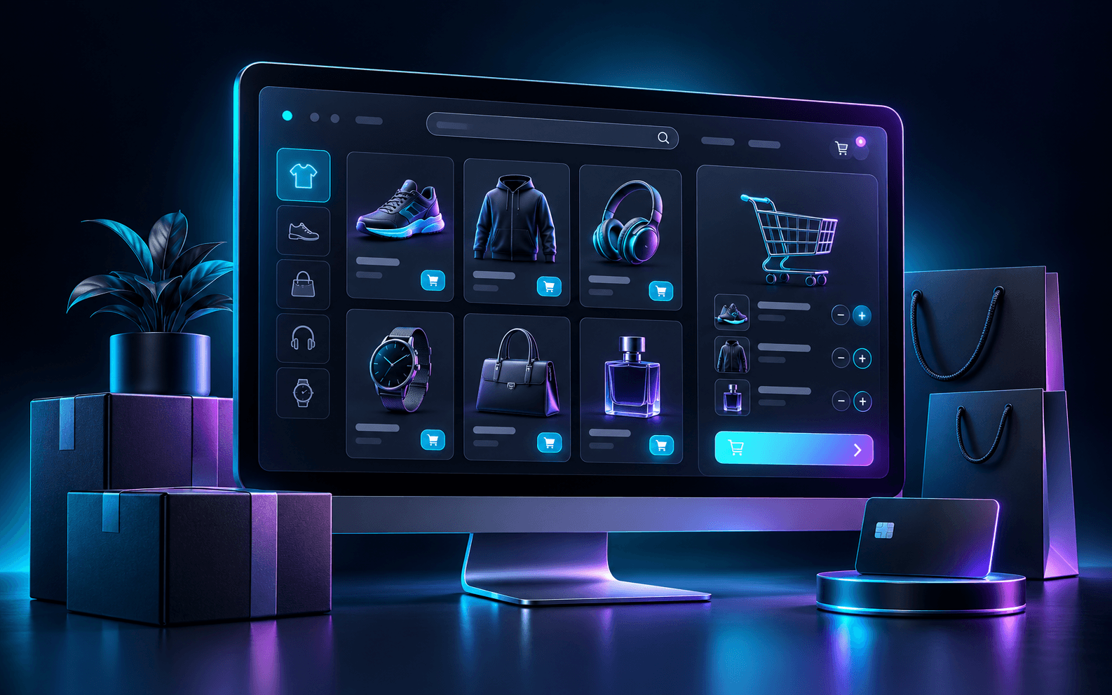Representação de uma loja virtual com produtos e carrinho
