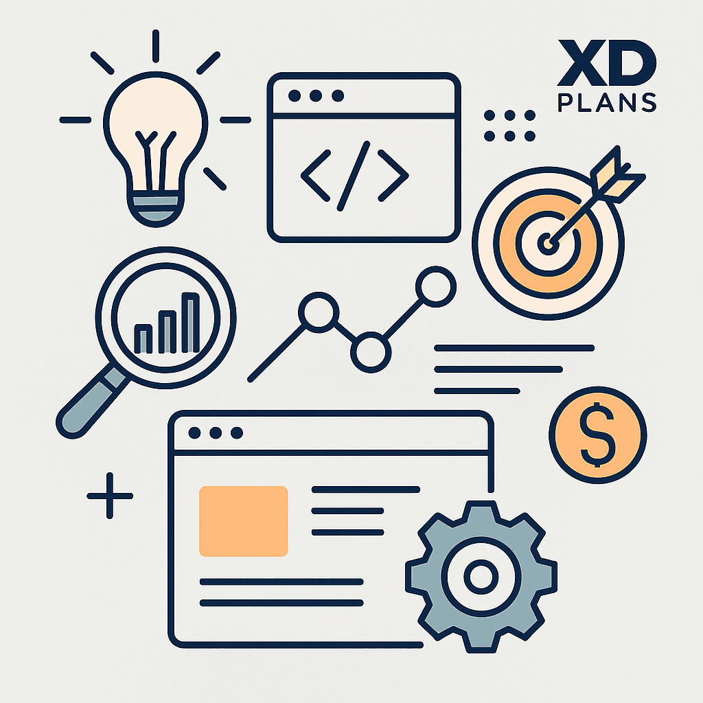 Ilustração com ícones representando os fatores que definem o preço de um site profissional: ideia, código, SEO, análise, design e monetização.
