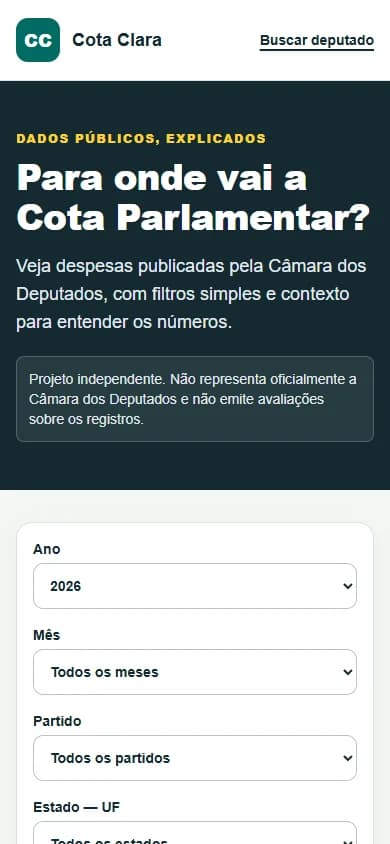 Interface de Cota Clara em celular