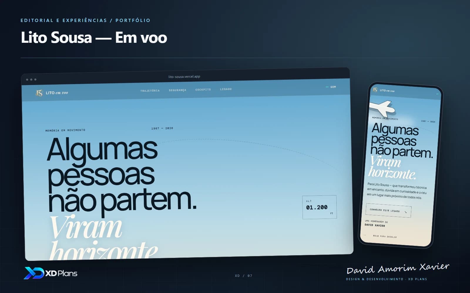 Apresentação de Lito Sousa — Em voo com capturas reais da interface, marca XD Plans e assinatura de David Amorim Xavier