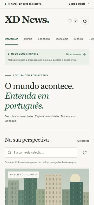 Interface de XD News em celular