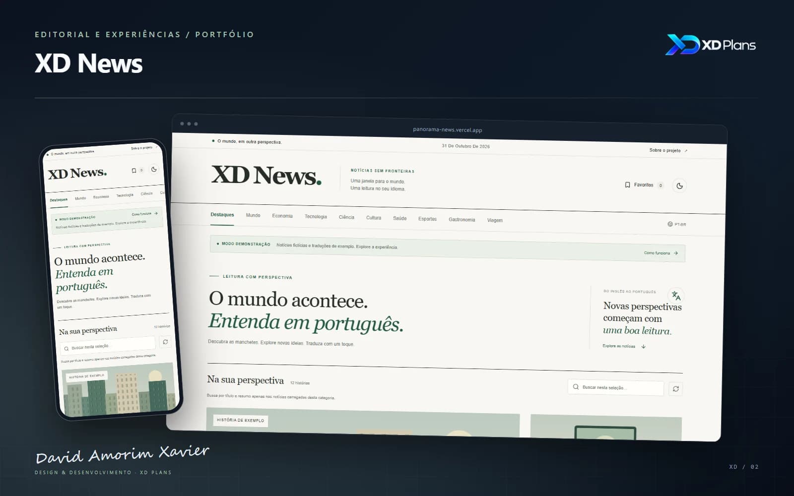 Apresentação de XD News com capturas reais da interface, marca XD Plans e assinatura de David Amorim Xavier