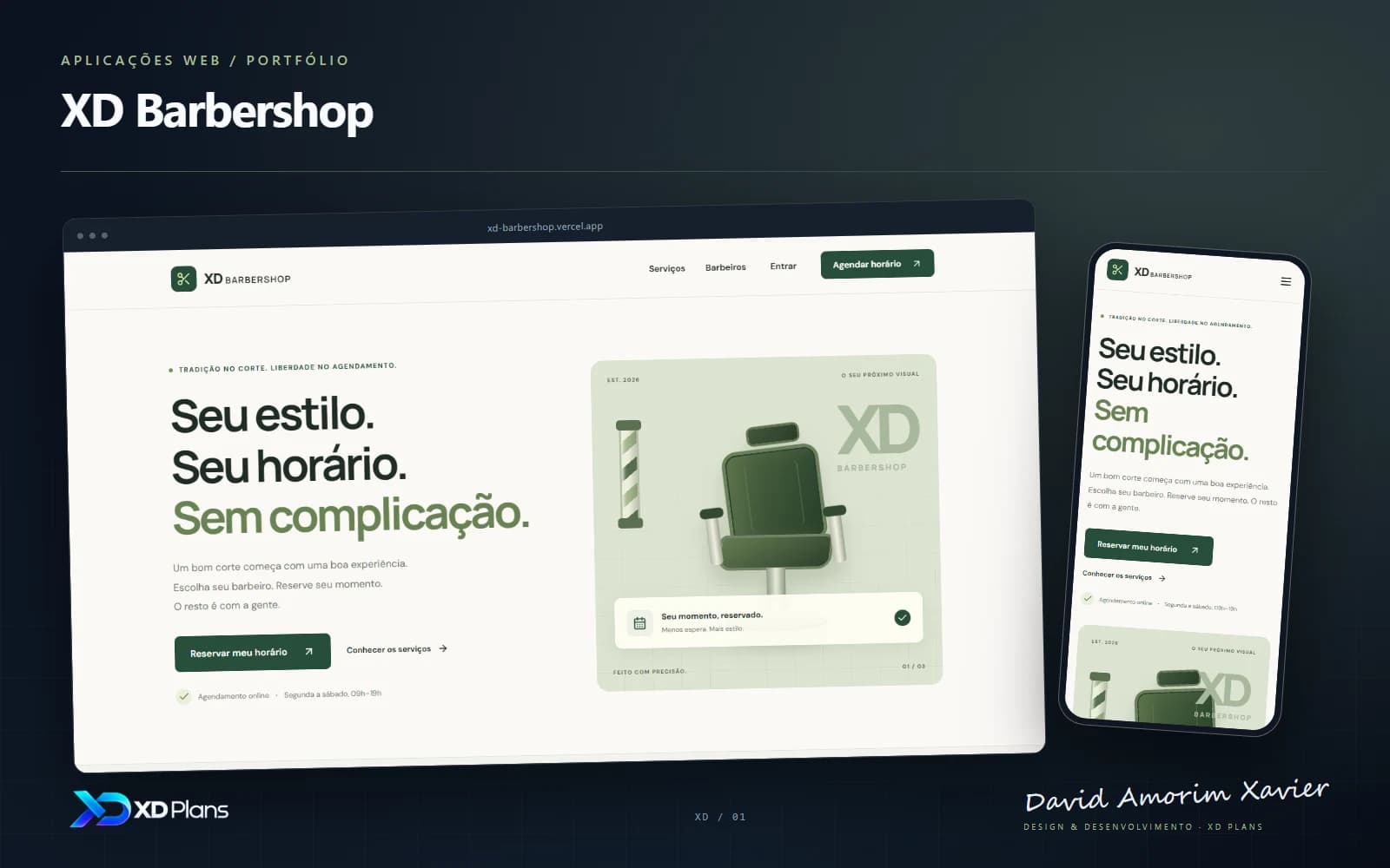 Apresentação de XD Barbershop com capturas reais da interface, marca XD Plans e assinatura de David Amorim Xavier