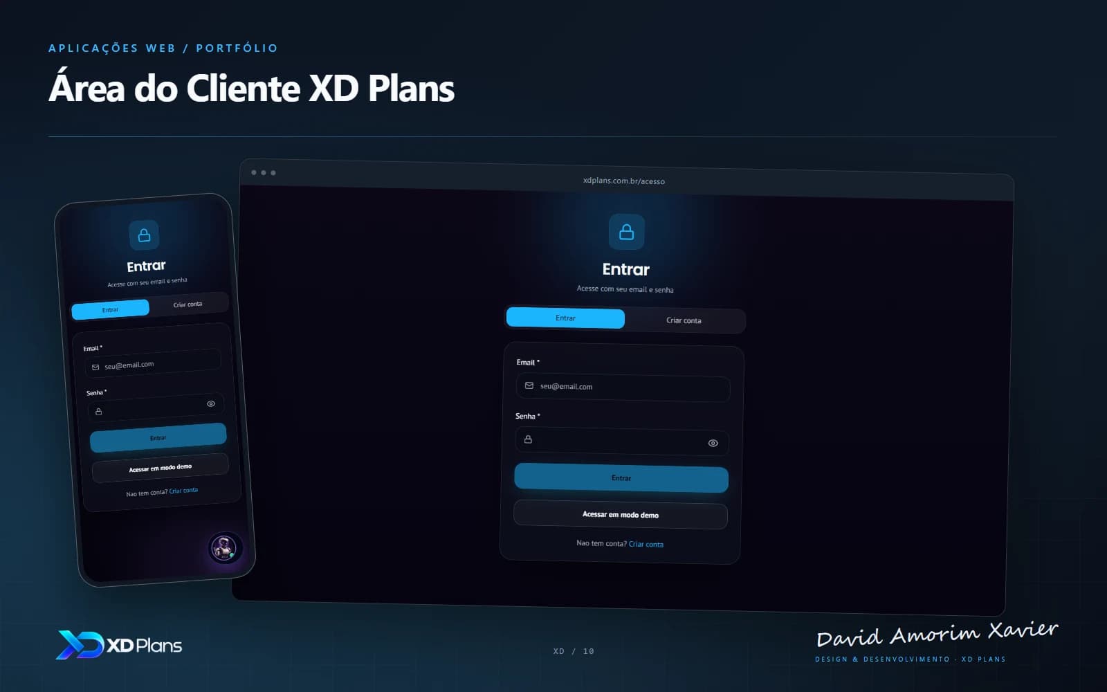 Apresentação de Área do Cliente XD Plans com capturas reais da interface, marca XD Plans e assinatura de David Amorim Xavier