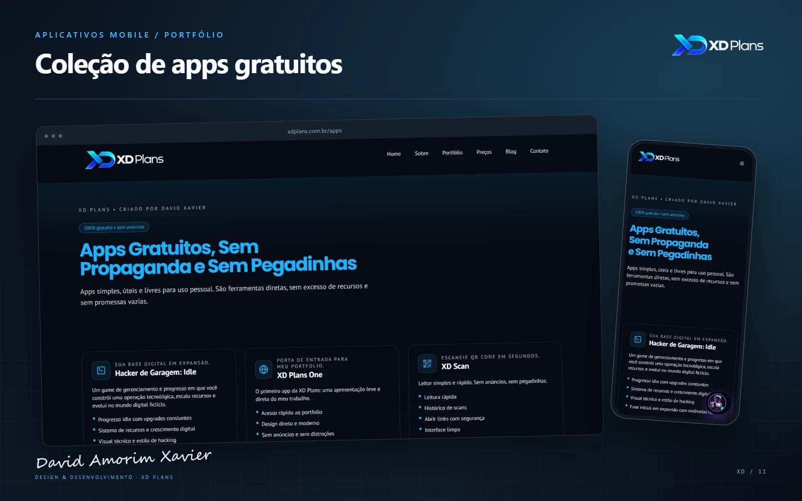Apresentação de Coleção de apps gratuitos com capturas reais da interface, marca XD Plans e assinatura de David Amorim Xavier