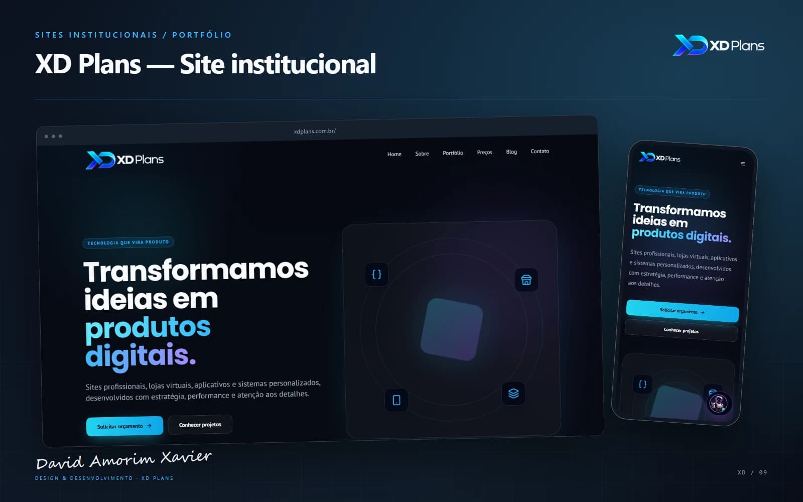Apresentação de XD Plans — Site institucional com capturas reais da interface, marca XD Plans e assinatura de David Amorim Xavier
